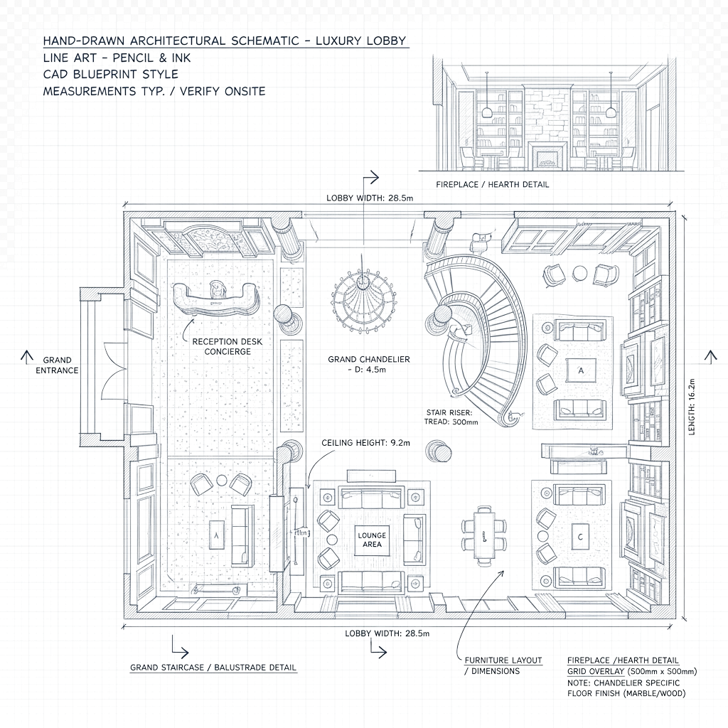 Luxury Hotel Lobby Layout Blueprint Plan Sketch