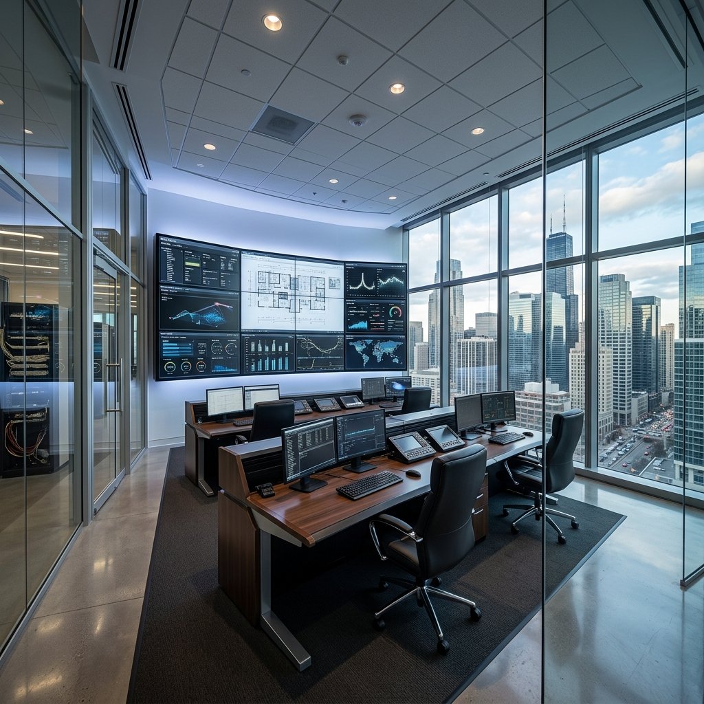 Modern empty corporate office control room inside a skyscraper
