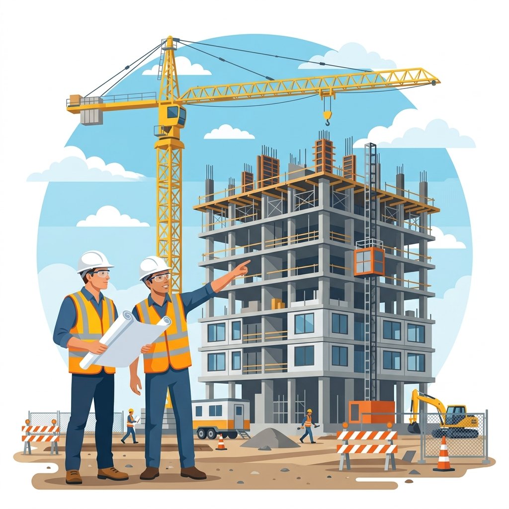 Construction crane and engineering team vector illustration