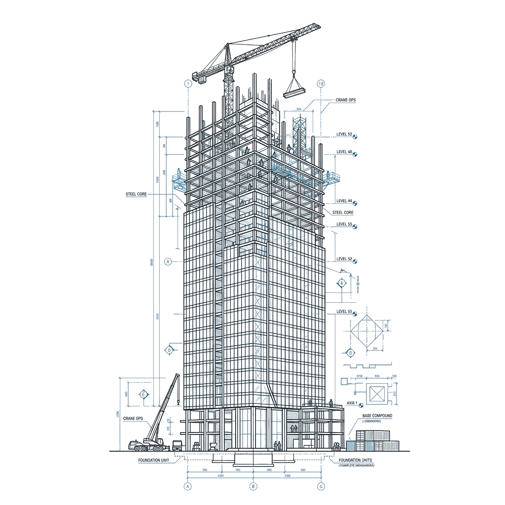 Sleek modern commercial skyscraper under construction with architectural blueprint line drawings